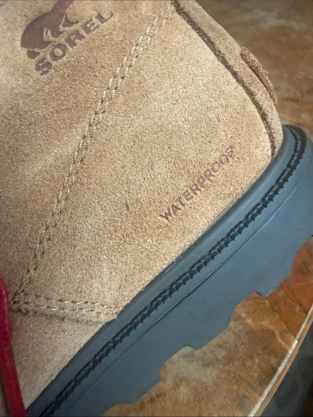 Sorel Tan Suede Ankle Boots with Red Laces